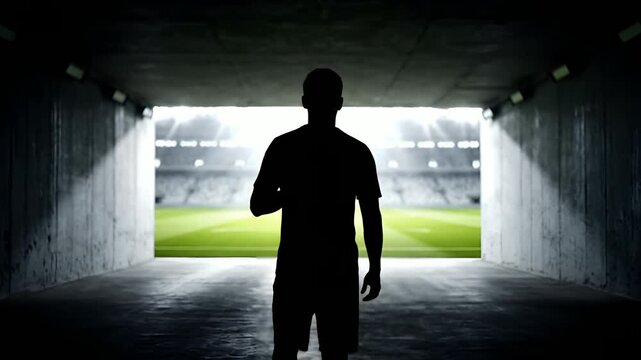 Athlete silhouette standing in dark tunnel leading to bright lit stadium