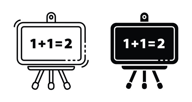 Whiteboard easel icon set with simple math addition equation one plus one equals two for school education and learning