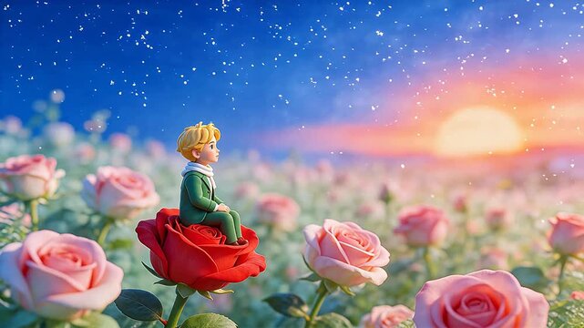 Animated figure on rose in field