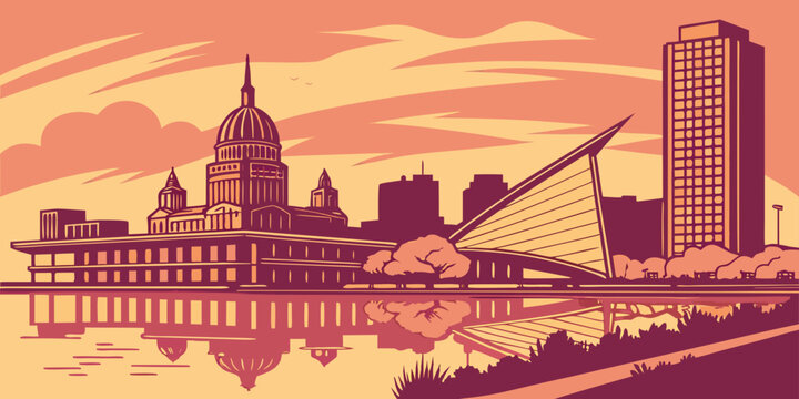 USA, US, U.S, United States - Milwaukee Lakefront Skyline at Sunset &ndash; Panoramic Cityscape with Lake Michigan Reflections in the United States