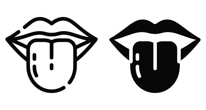 Mouth with tongue sticking out icon set in outline and solid black style for dental medical or expressive design projects