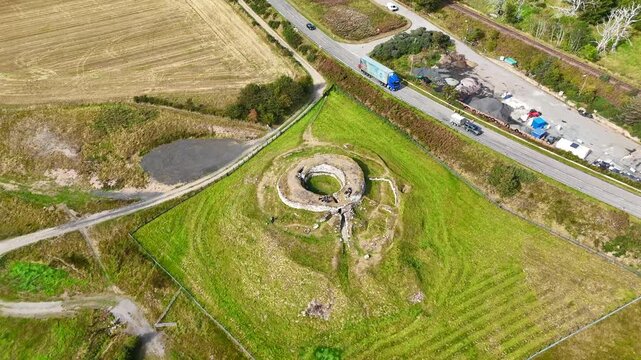 Detailed Drone Flyover of Carn Liath Broch Showing Drystone Construction and Circular Architecture, Ancient Pictish Fortification in Northern Scotland