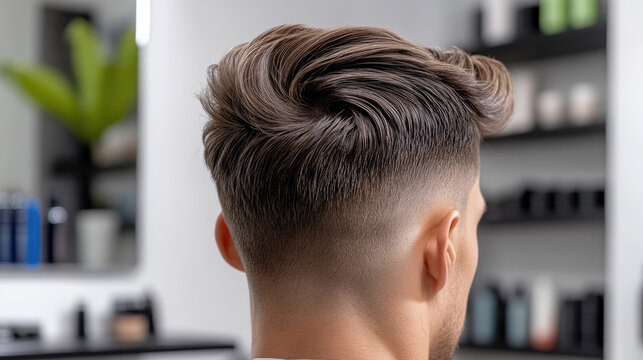 Man receiving a professional haircut and modern hairstyle with a sharp fade at a contemporary salon, showcasing grooming, style, and personal care