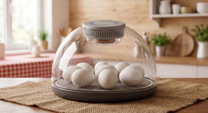Modern Home Egg Incubator with Chicken Eggs in Cozy Kitchen Setting