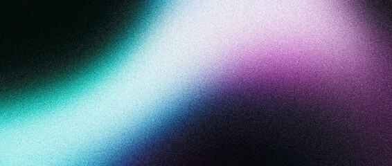 Fototapeta premium Grainy background, blue purple turquoise white gradient shape on dark noisy backdrop, glowing vibrant noise texture header, banner, poster, wallpaper design