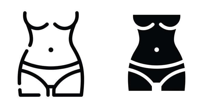Female body torso icons showing waist hips and belly button in outline and solid black silhouette styles for fitness health wellness