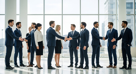 Fototapeta premium Numerous business professionals shake hands in a bright corporate hallway, forming new connections.