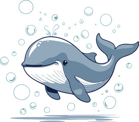 Obraz premium friendly whale swimming with tiny bubbles around, simple vector illustration, clean shapes, white background 1