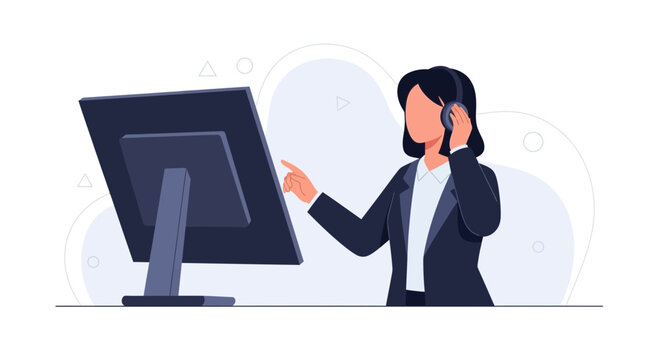 Customer service operator with headset and touchscreen computer, modern flat illustration