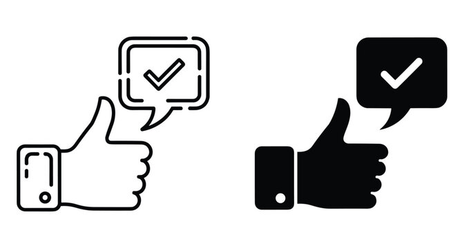 Thumbs up hand gesture with checkmark speech bubble icon set in outline and solid black styles for feedback approval success satisfaction rating like button
