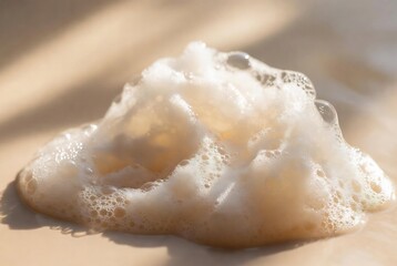 A large bubble of soap foam rests on a beige surface.