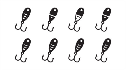 Minimal fishing lure icon pack black silhouette bait tackle symbols for angling and sport fishing graphics