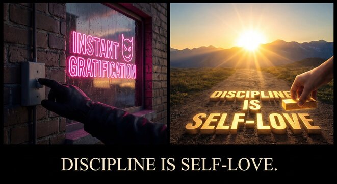A shadow hand turning down a neon sign next to a glowing golden path being built toward the sunrise, visualizing discipline as self-love.
