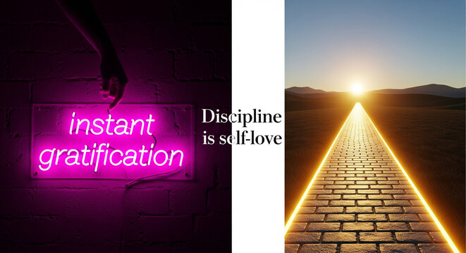 A shadow hand turning down a neon sign next to a glowing golden path being built toward the sunrise, visualizing discipline as self-love.