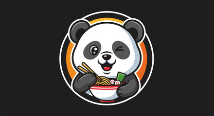 Cartoon panda eating ramen illustration © Curva