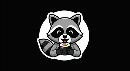 Obraz premium Cartoon raccoon holding sushi roll