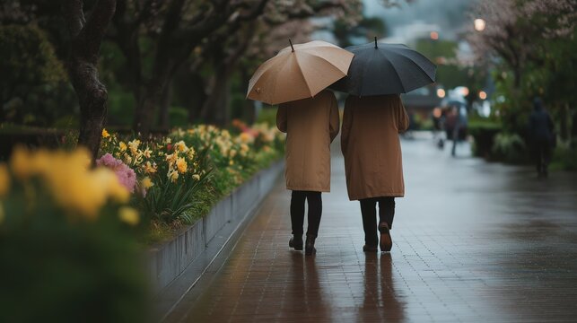 Two friends walking under gentle spring rain with umbrellas tilted together reflecting emotional closeness.