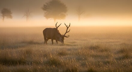 Stag Grazing in Misty Sunrise Meadow at Dawn with Golden Light and Dewy Grass &ndash; Wildlife and Nature Landscape