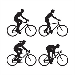 Cyclist silhouette set featuring male and female riders in various racing and commuting positions