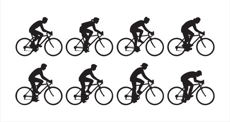 Obraz premium Set of eight cyclist silhouettes in various dynamic riding positions isolated on white background