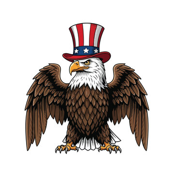 Powerful bald eagle in full body pose wearing an american flag top hat with the image is isolated on a white background with national pride
