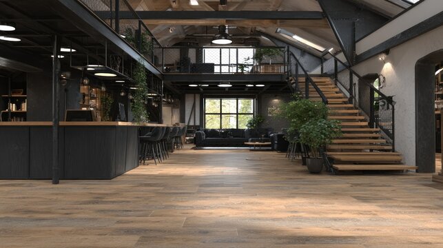 Loft interior with industrial design and wooden stairs leads to seating areas.