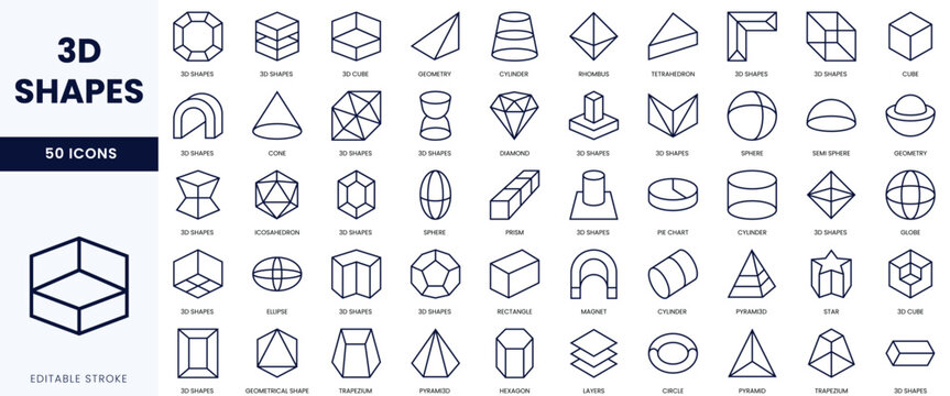 A collection of 3D geometric shapes icons in black outline for design and educational purposes.