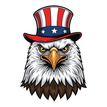Eagle head in uncle sam hat with stars and stripes - intense patriotic expression with american flag