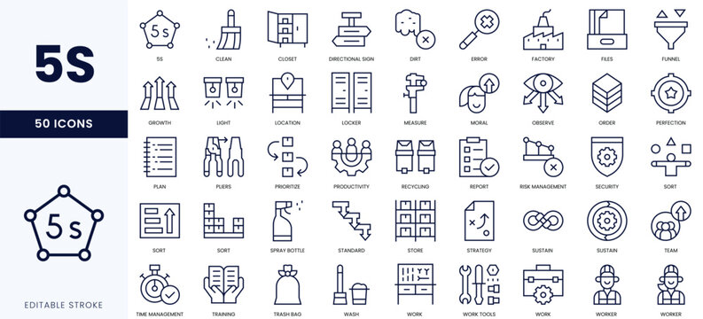 Set of 50 icons representing the 5S methodology for organizational efficiency.