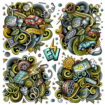 Electric Vehicles cartoon vector doodle designs set. Colorful detailed compositions with lot of EVobjects and symbols