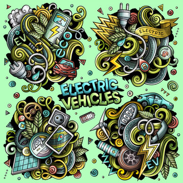 Electric Vehicles cartoon vector doodle designs set. Colorful detailed compositions with lot of EVobjects and symbols