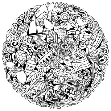 Puerto Rico cartoon round doodle vector illustration. Funny Puerto-Rican whimsical design. Caribbean tropical elements in a playful style
