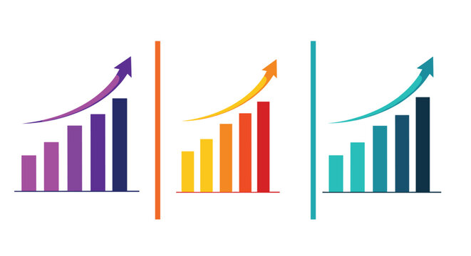 Three sets of ascending bar charts in different colors, each with an upward-pointing arrow showing financial growth and success.