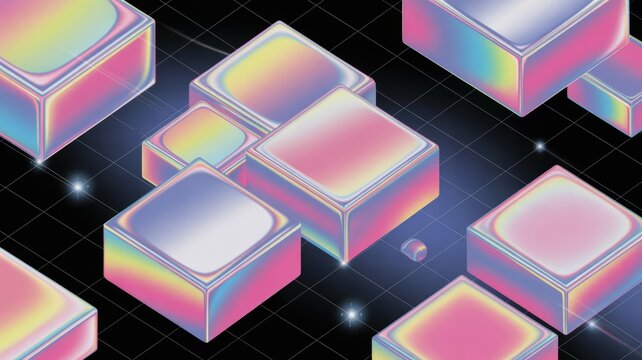 Abstract iridescent cubes arranged in a futuristic digital grid pattern