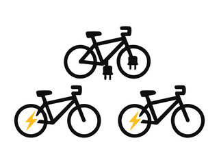 Electric bicycle icons featuring power plug and yellow lightning bolt symbols for green transport