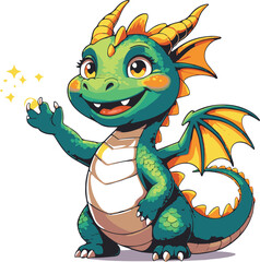 Obraz premium happy dragon waving with tiny wings, friendly mascot fantasy creature, clean vector illustration, isolated on white background 1