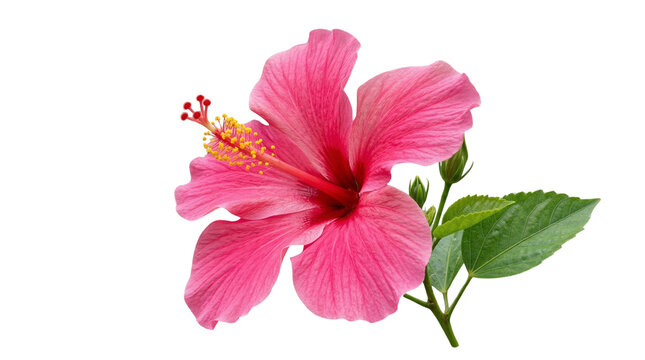 Vibrant pink hibiscus bloom with delicate petals and prominent stamen, embodying tropical beauty and natural elegance, isolated on a pristine white background for various design projects