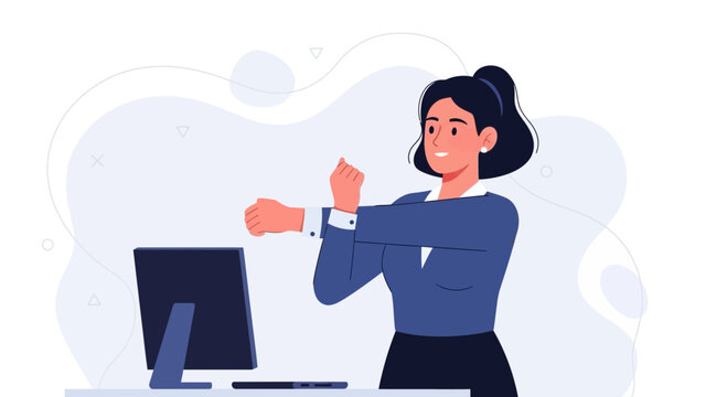 Businesswoman stretching at office desk with computer, promoting wellness and break time.