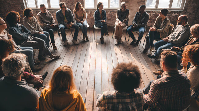 Diverse group of people sitting in a circle for a mental health support group, Generative AI illustrations.