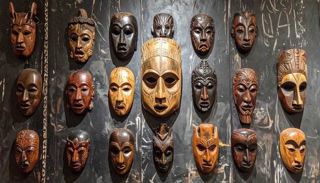 A striking array of intricately carved wooden masks from diverse cultural traditions showcased as artistic artifacts