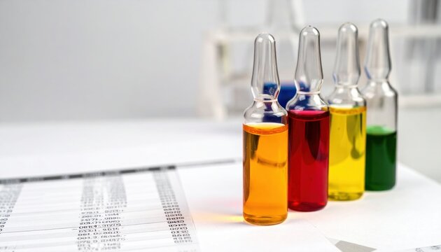 Artfully Arranged Colorful Liquids in Glass Ampoules on a Laboratory Table