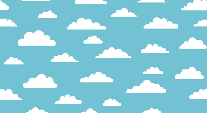 Seamless repeating pattern featuring various sizes of fluffy white clouds set against a bright blue sky background.