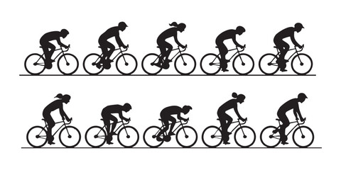 Obraz premium Set of vector silhouettes of cyclists on bicycles. black riders in various racing poses on white
