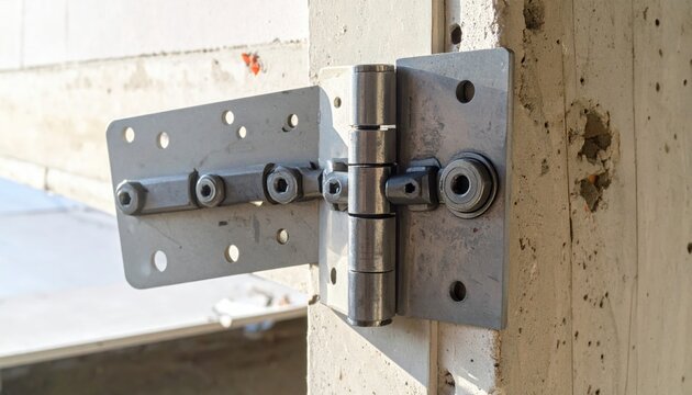 Heavy duty metal door hinges securely installed on a concrete exterior entrance frame, showcasing robust hardware for strength and durability.