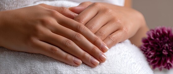 Fototapeta premium Close-up of a woman massaging her abdomen in a spa setting with a white towel and a simple background
