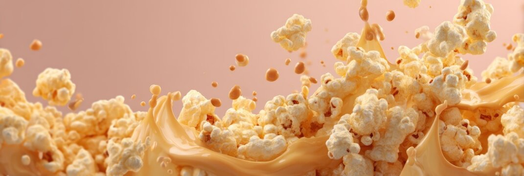 Delicious Caramel Popcorn Splash on Pink Background