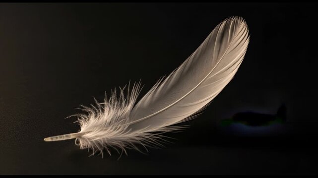 A single white feather with a fluffy quill and smooth blade against a dark background