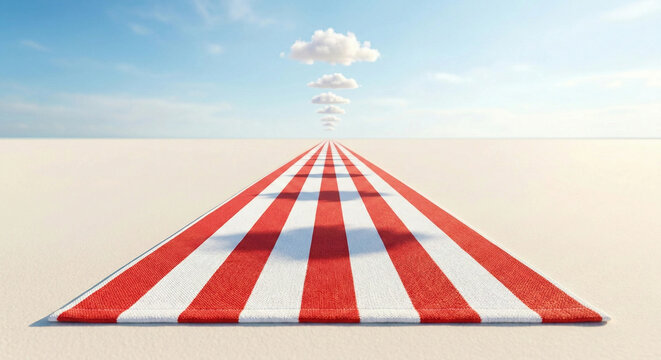 Striped beach towel unrolled like a red carpet toward clouds
