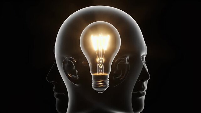 Aerial view of a glowing lightbulb inside a human head, symbolizing mental clarity and inspiration, cinematic 4k video footage.