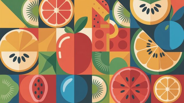 Vibrant abstract mosaic of colorful fresh fruits and geometric shapes